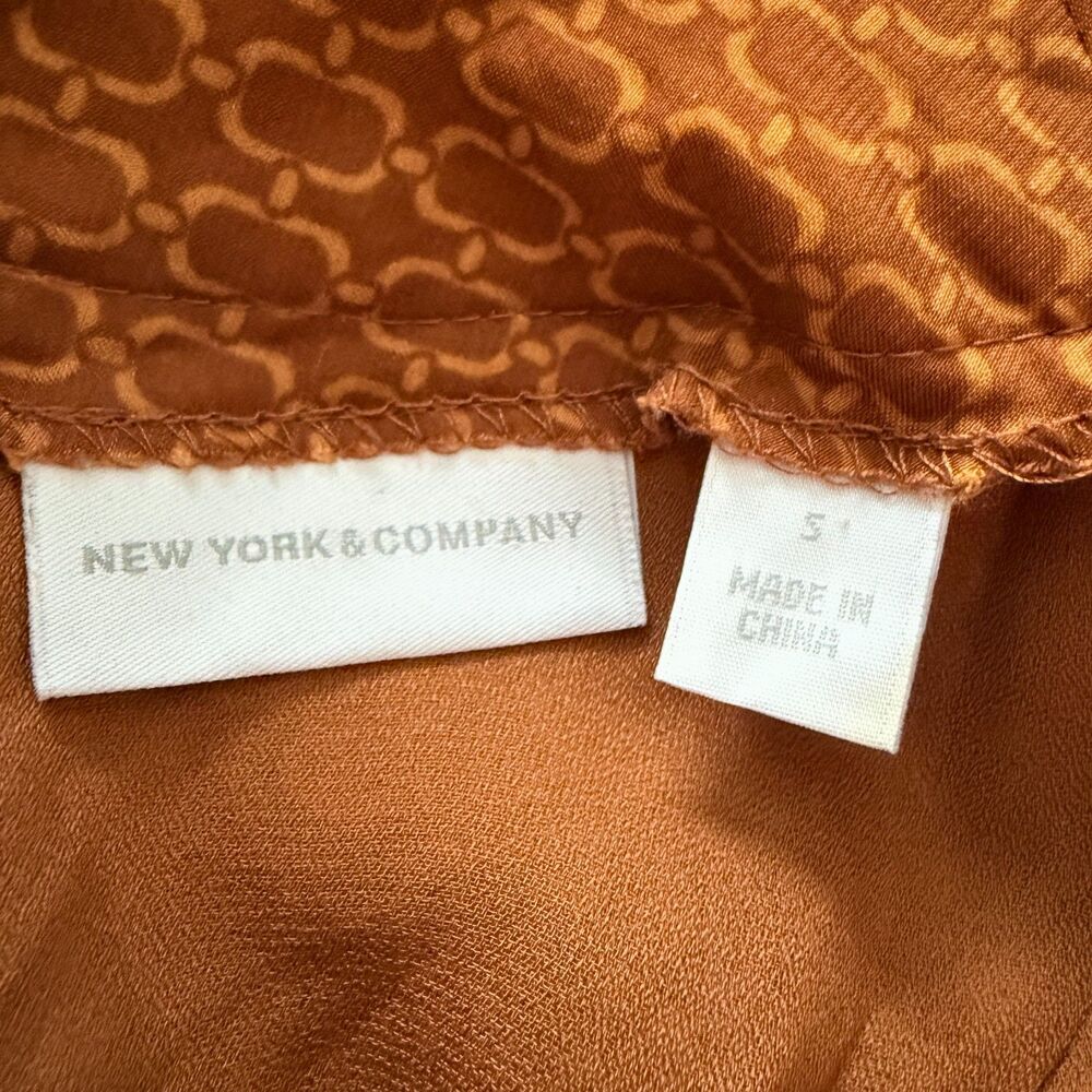 NY&Co Brown Damask Belted Dress Retro Style 3/4 Sleeves V-Neck Chic Sz S - Picture 4 of 12